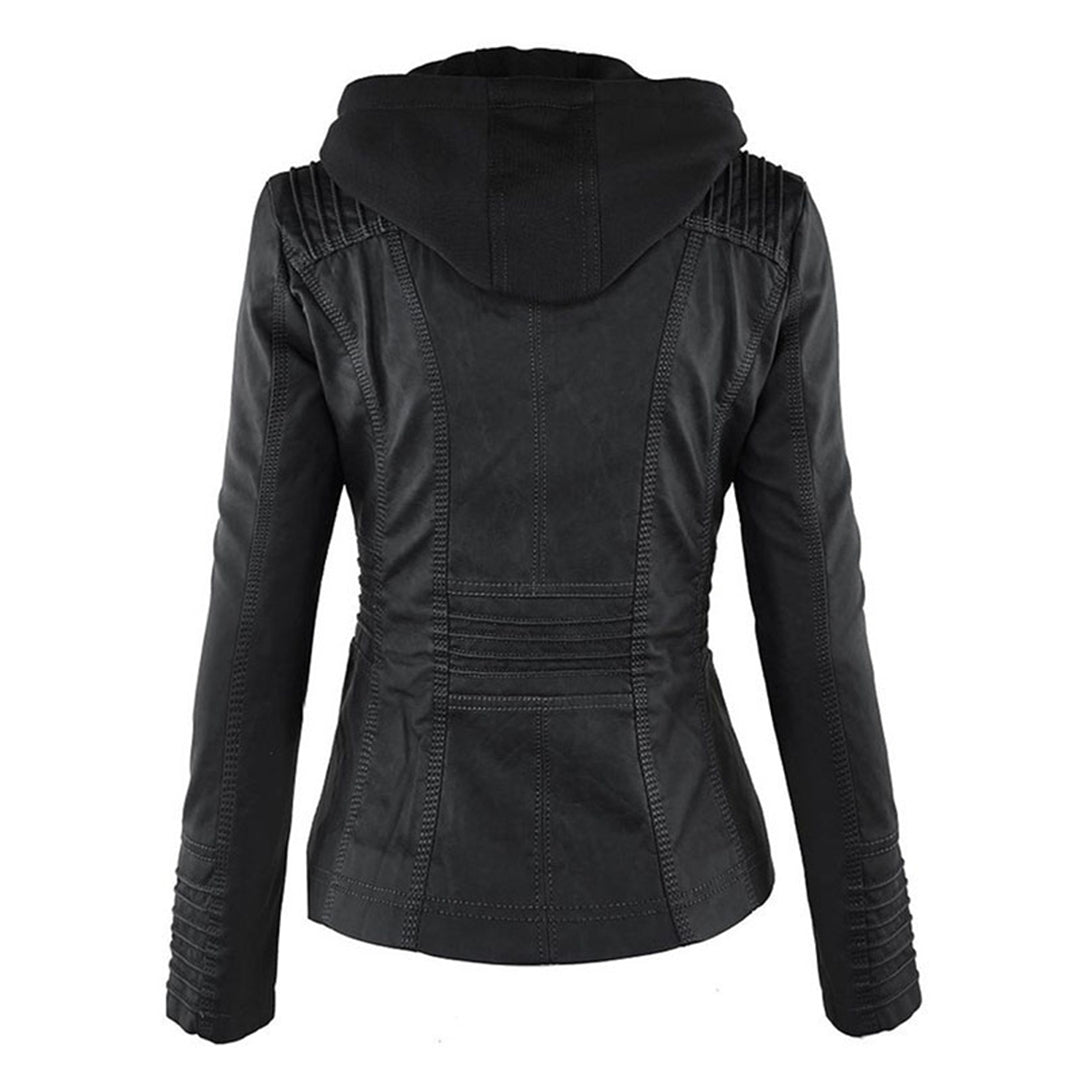 "Wetterfeste Damen Lederjacke mit Kapuze in Schwarz, klassisches Design, elegant und funktional für alle Jahreszeiten."