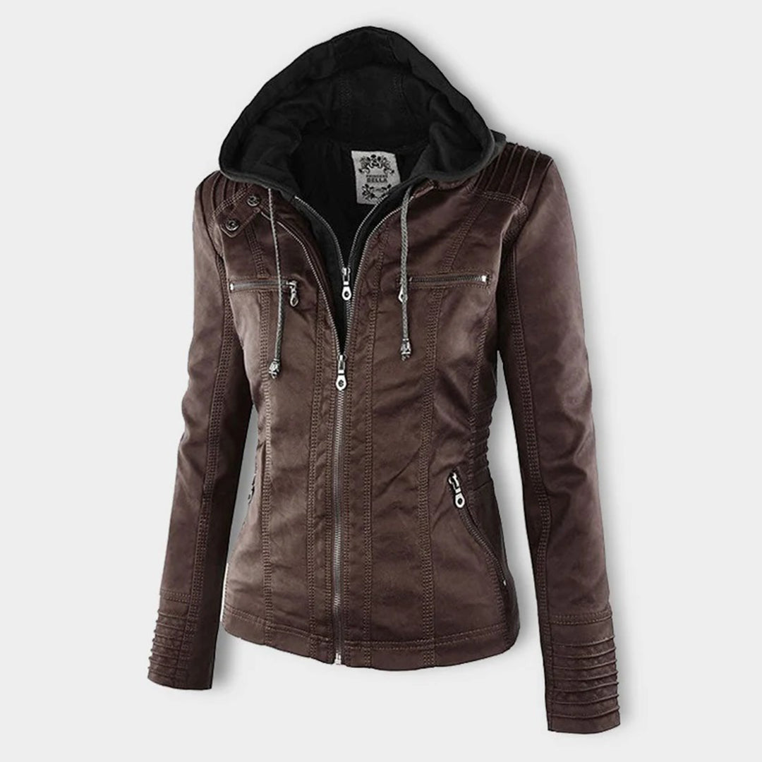 "Wetterfeste Damen Lederjacke mit Kapuze in Schwarz, klassisches Design, elegant und funktional für alle Jahreszeiten."