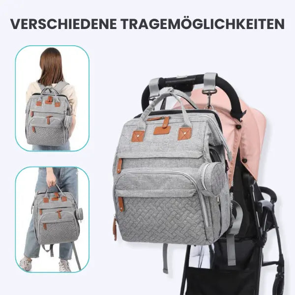 "Wickeltasche mit integriertem Wickelstation, geräumig, grau-blau, isolierte Fächer, verstellbare Riemen, ideal unterwegs"