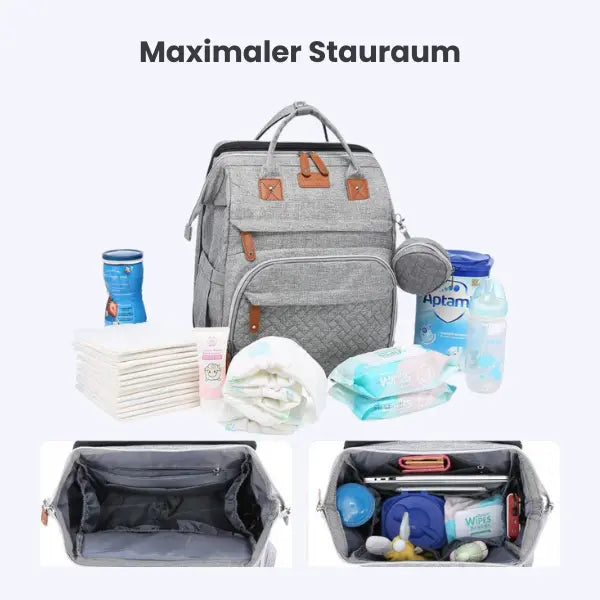 "Wickeltasche mit integriertem Wickelstation, geräumig, grau-blau, isolierte Fächer, verstellbare Riemen, ideal unterwegs"