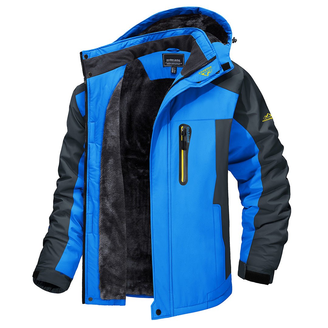 "Winddichte Herren Outdoor-Jacke, robust und stilvoll, in Blau mit Kapuze und funktionalen Details, ideal für Abenteuer."