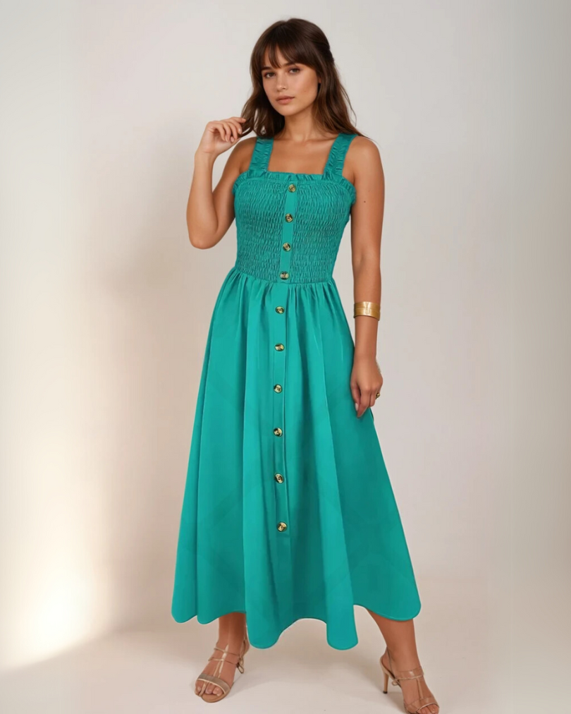 Moderne A-line maxikjole for kvinner, med delikat shirret midje og klassisk firkantet hals. Elegant sommerkjole.