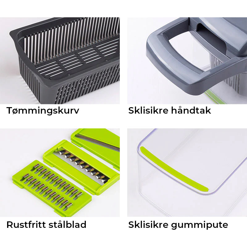 Smart kjøkkenredskap som kombinerer mathakker, grønnsakskutter og rivjern. Effektiv matforberedelse.