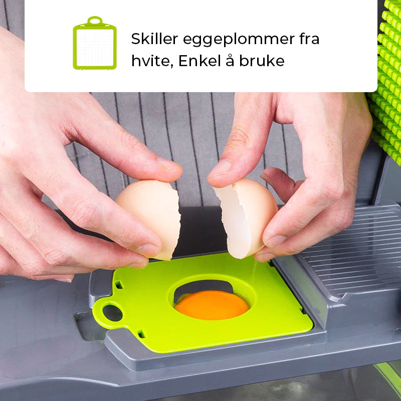 Flerfunksjonelt kjøkkenutstyr: mathakker, rivjern, grønnsakskutter. Gjør matlaging til en lek.