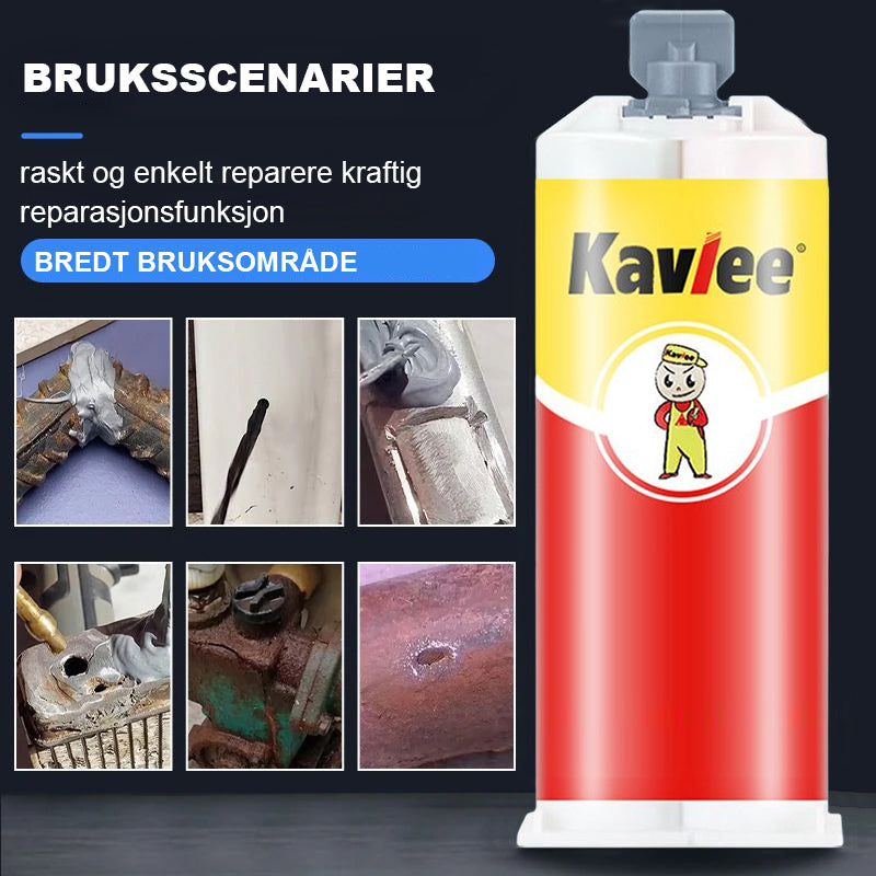 Før og etter bilde av en reparasjon, viser det universelle limets evne til å fikse ulike materialer.
