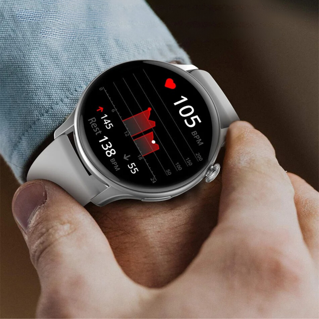 Baksiden av AMOLED smartklokke for kvinner, viser sensorer for pulsmåler og helsesporing.