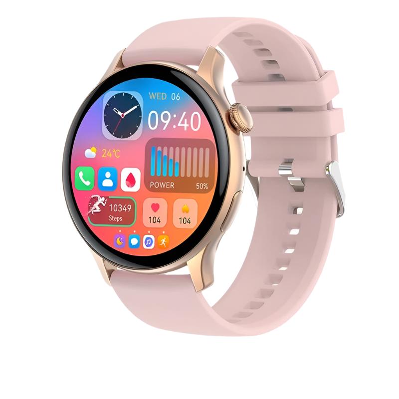 Elegant dame smartklokke med AMOLED skjerm. Fleksibel design for daglig bruk og helsesporing.