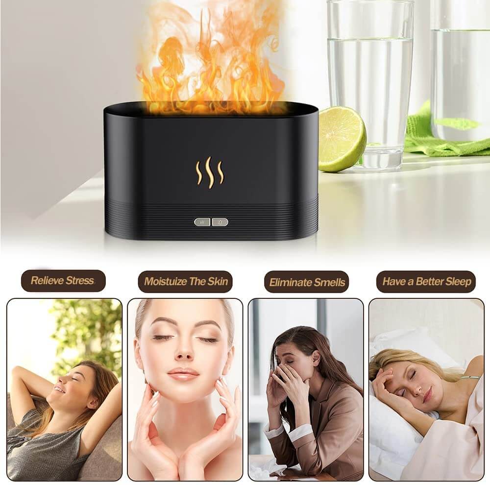 Skap ro med denne aromadiffuseren med flammeeffekt. Bruk essensielle oljer for bedre velvære.