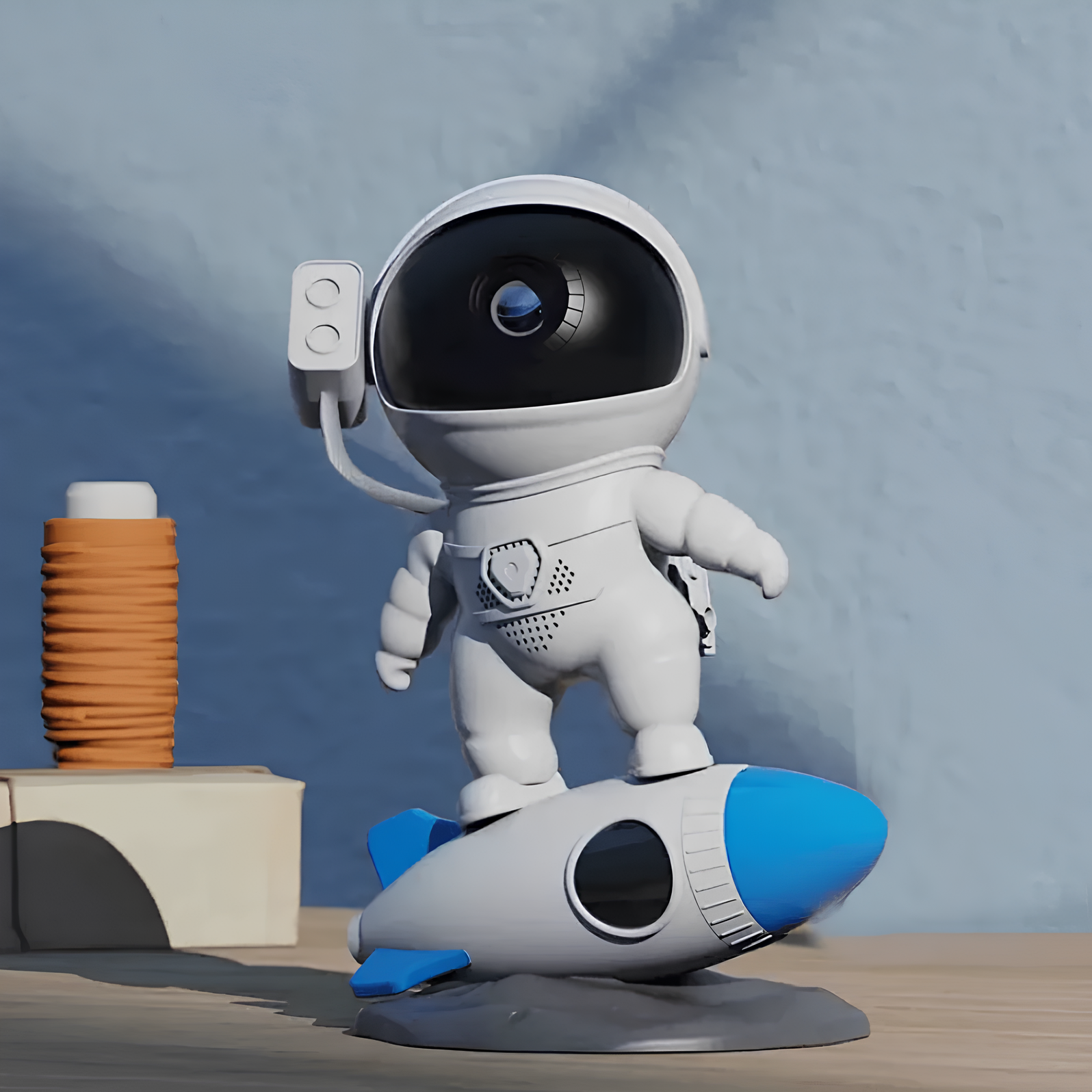 Astronautlampe plassert i soverom, projiserer levende galakse på taket. Ideell for hjemmekino og avslapning.