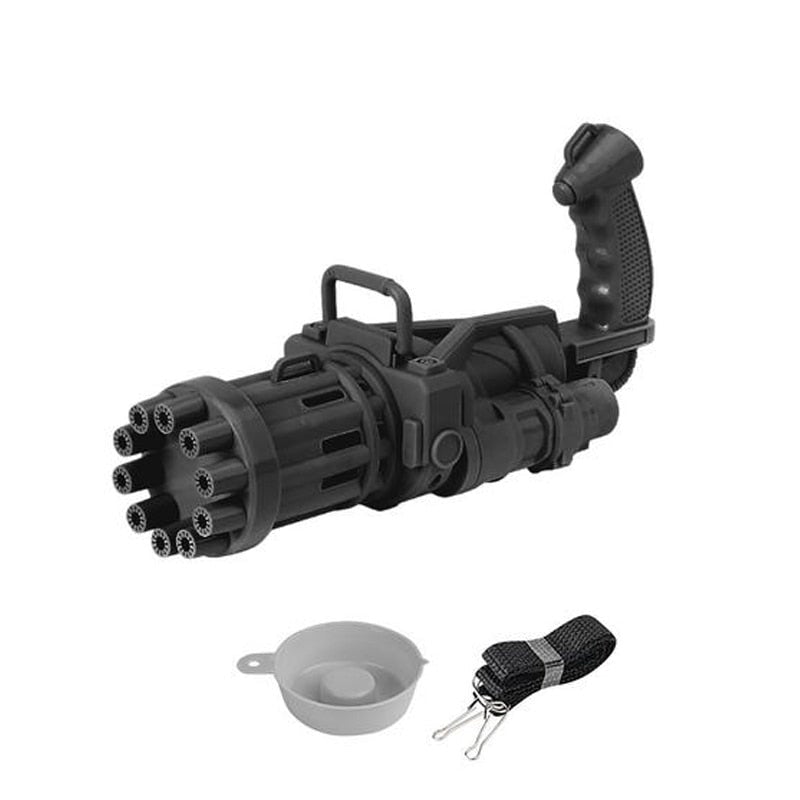 Automatisk boblemaskin i pistolform. Gatling-design for enkel og morsom bobleproduksjon for barn.