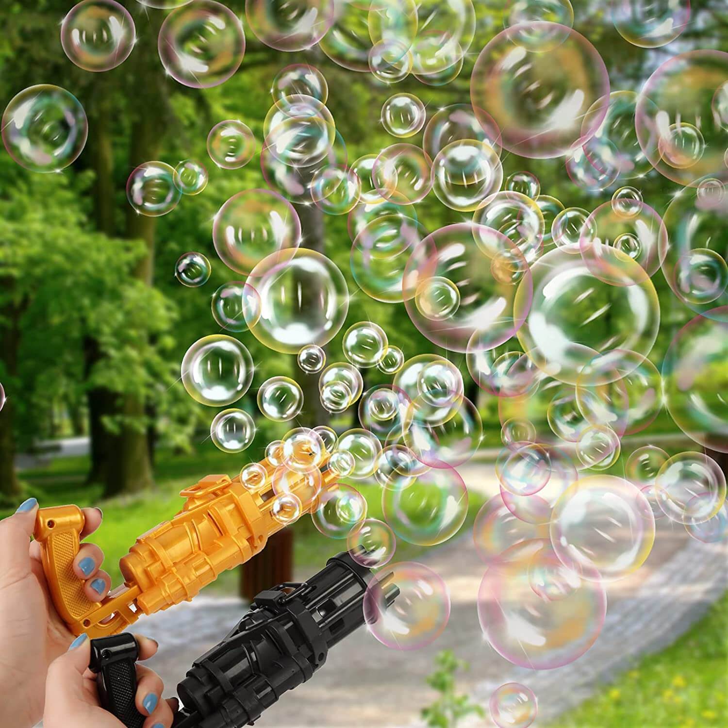 Kul ABS boblepistol med Gatling-design. Automatisk for barnas lek ute og inne, med endeløse bobler.
