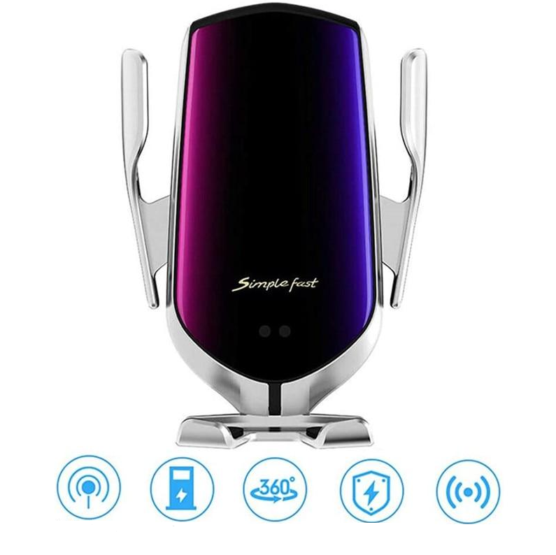 Qi-kompatibel telefonholder til bil. Automatisk sensor klemmer mobilen fast for lading og navigasjon.