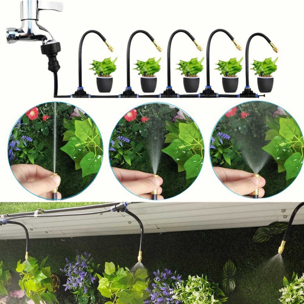 Komplett vanningssystem for grønnsakshage, plen og hagepleie. Automatisk sprinkler for jevn vanning.