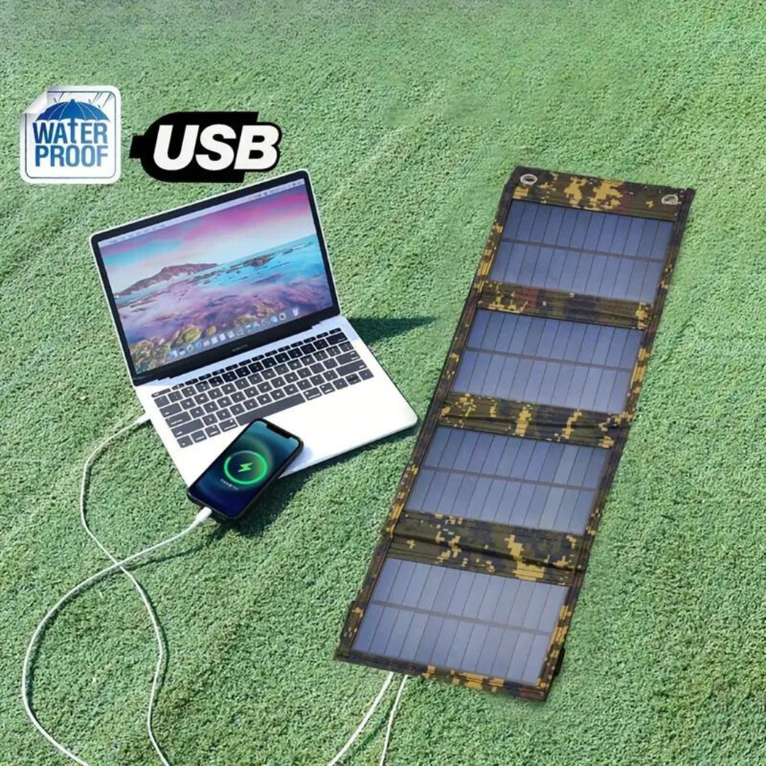 Sammenleggbar 12W solcellelader. Bærbar USB-lader for utendørs bruk, ideell til camping og friluftsliv med solenergi.