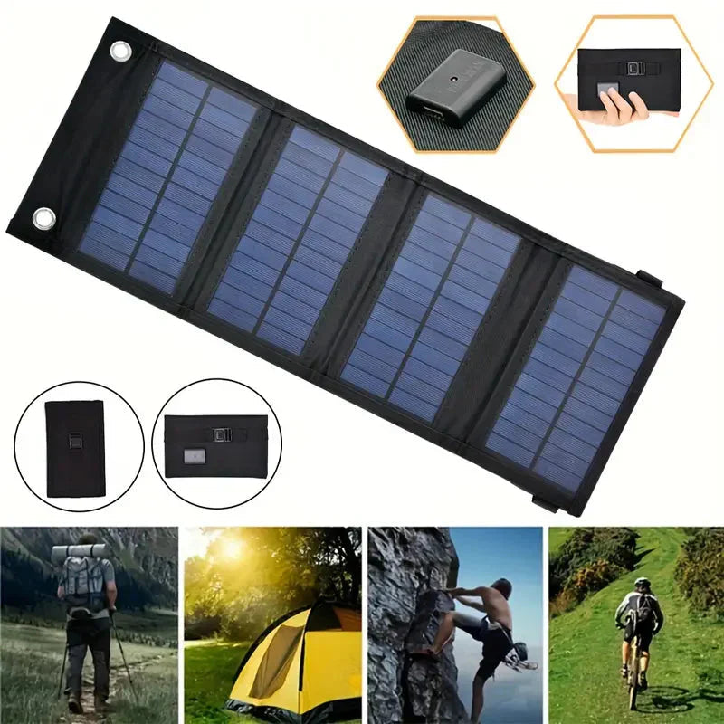 Kompakt bærbar solcellelader (12W) for friluftsliv og reiseutstyr. Sammenleggbar USB-lader, perfekt nødlader utendørs.