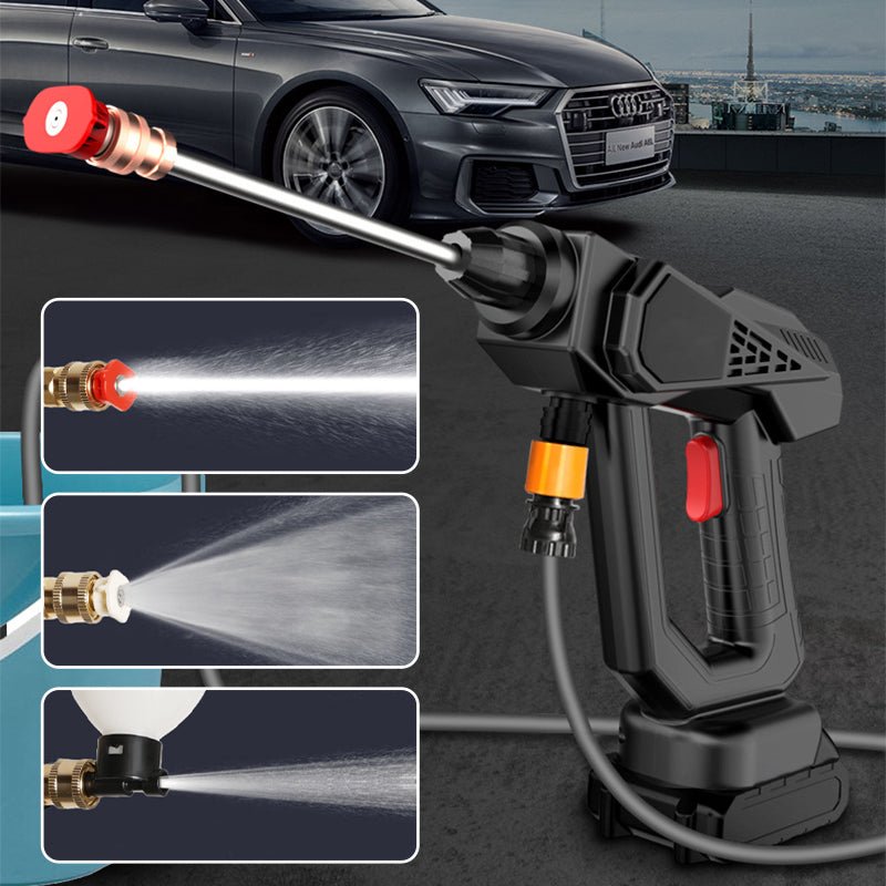 Mobil batteridrevet høytrykksspyler i bruk til kraftfull bilvask, enkel å transportere og bruke overalt.