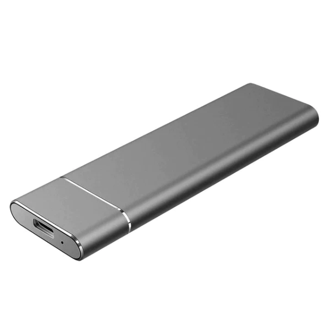 Bærbar ekstern harddisk i elegant aluminium, perfekt for rask og sikker datalagring på farten. Kompakt design.