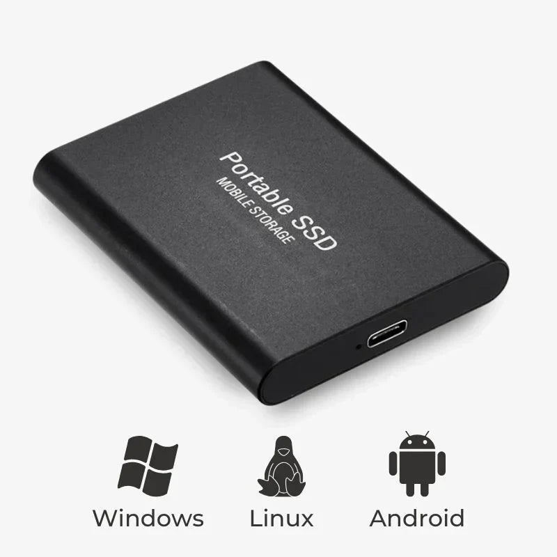 Stilig, slank SSD disk i svart design, ideell for utvidelse av lagringsplass med lynrask USB 3.1.