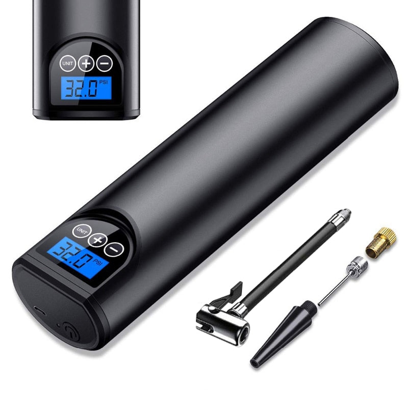 Bærbar elektrisk luftpumpe for bil og sykkel. Trådløs, USB-oppladbar dekkpumpe med digitalt display.