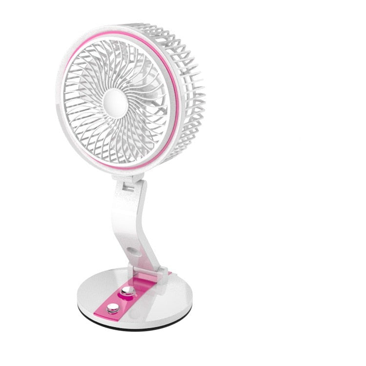 Bærbar FlexiFan-lampe med vifte og justerbart LED-lys. Perfekt for skrivebord, camping og reiser.