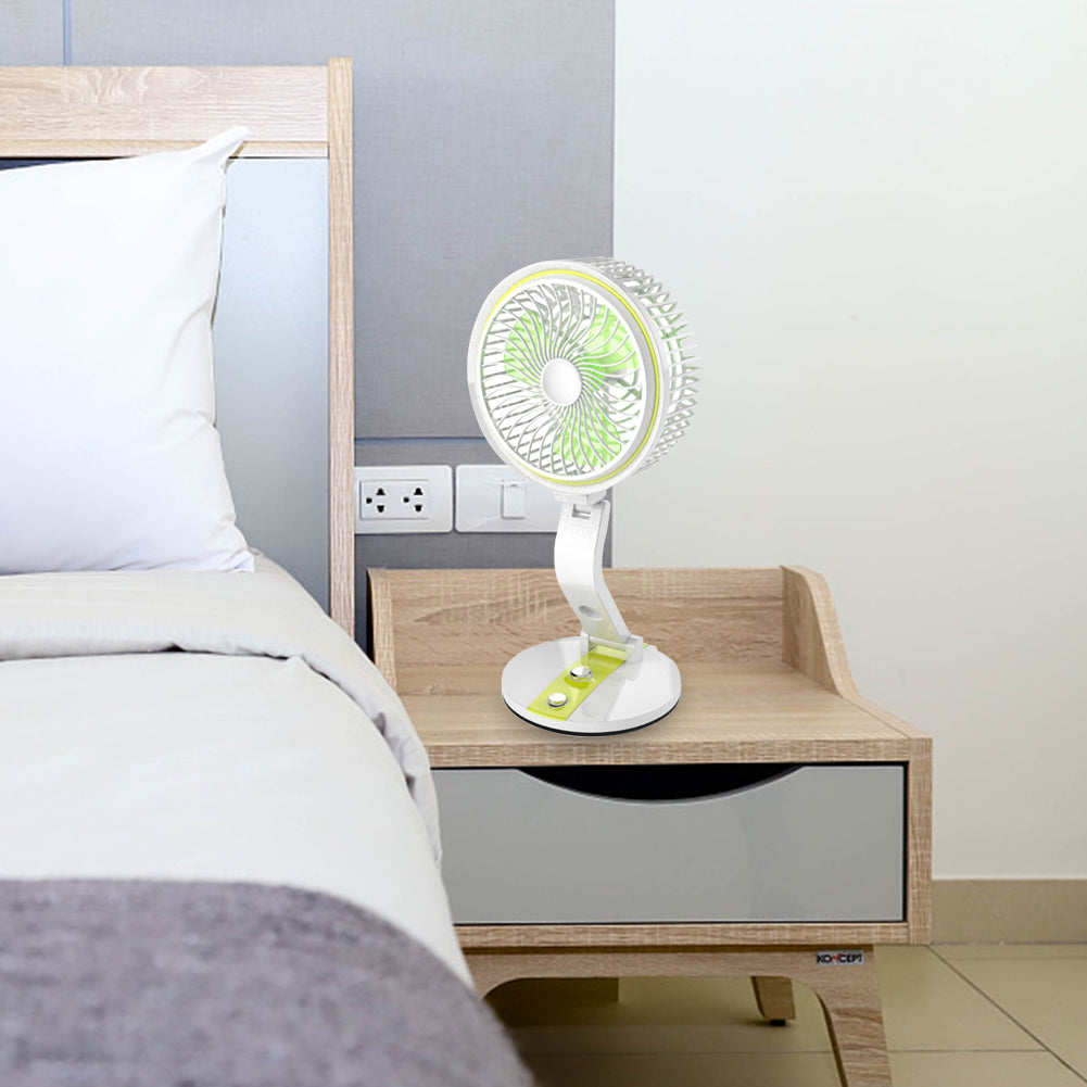 Trådløs FlexiFan-lampe med vifte og lys. Gir komfortabel personlig kjøling uten ledninger.