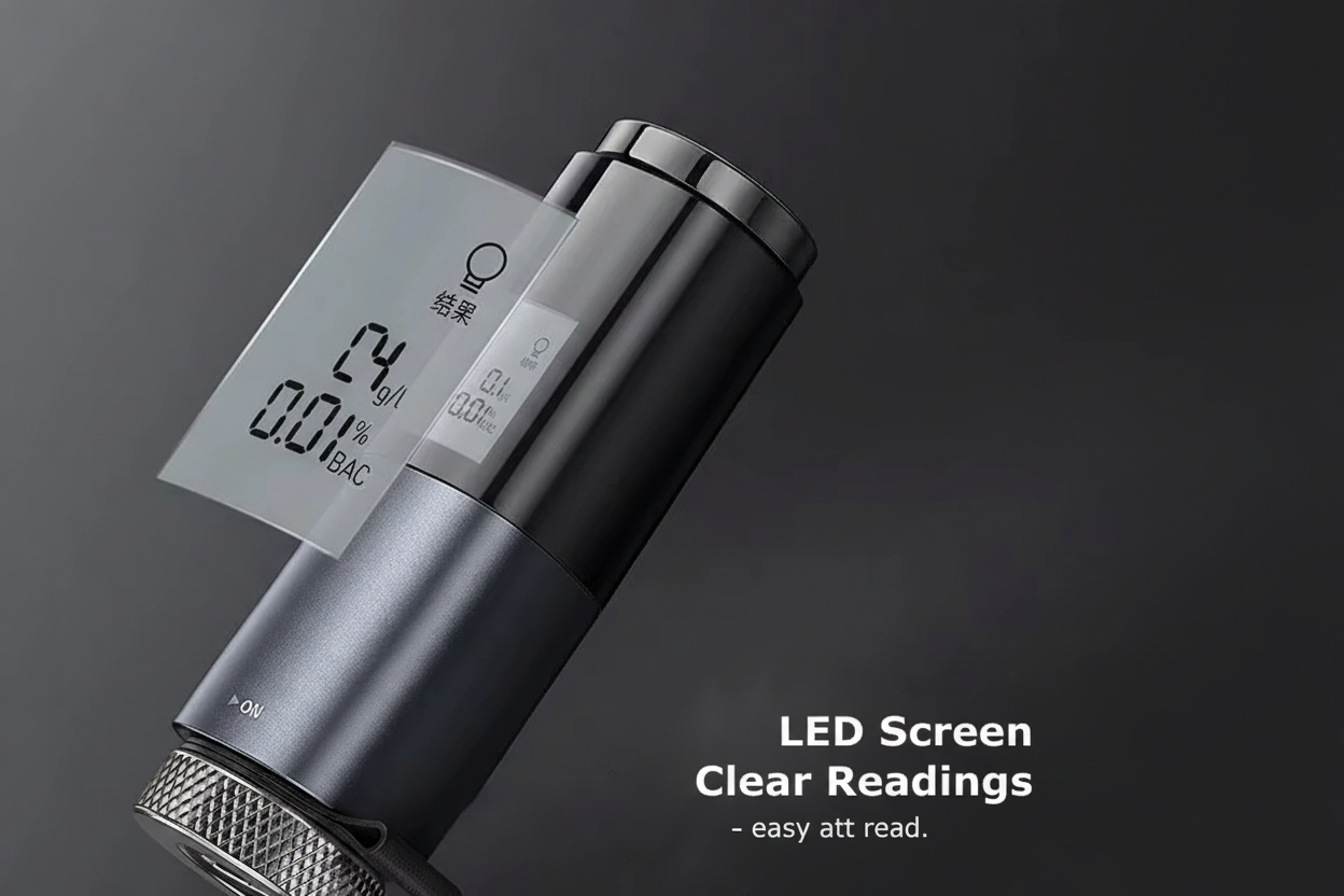 Kompakt og oppladbar alkoholmåler (USB-C) med tydelig LED-skjerm. Praktisk portabel promilletester.