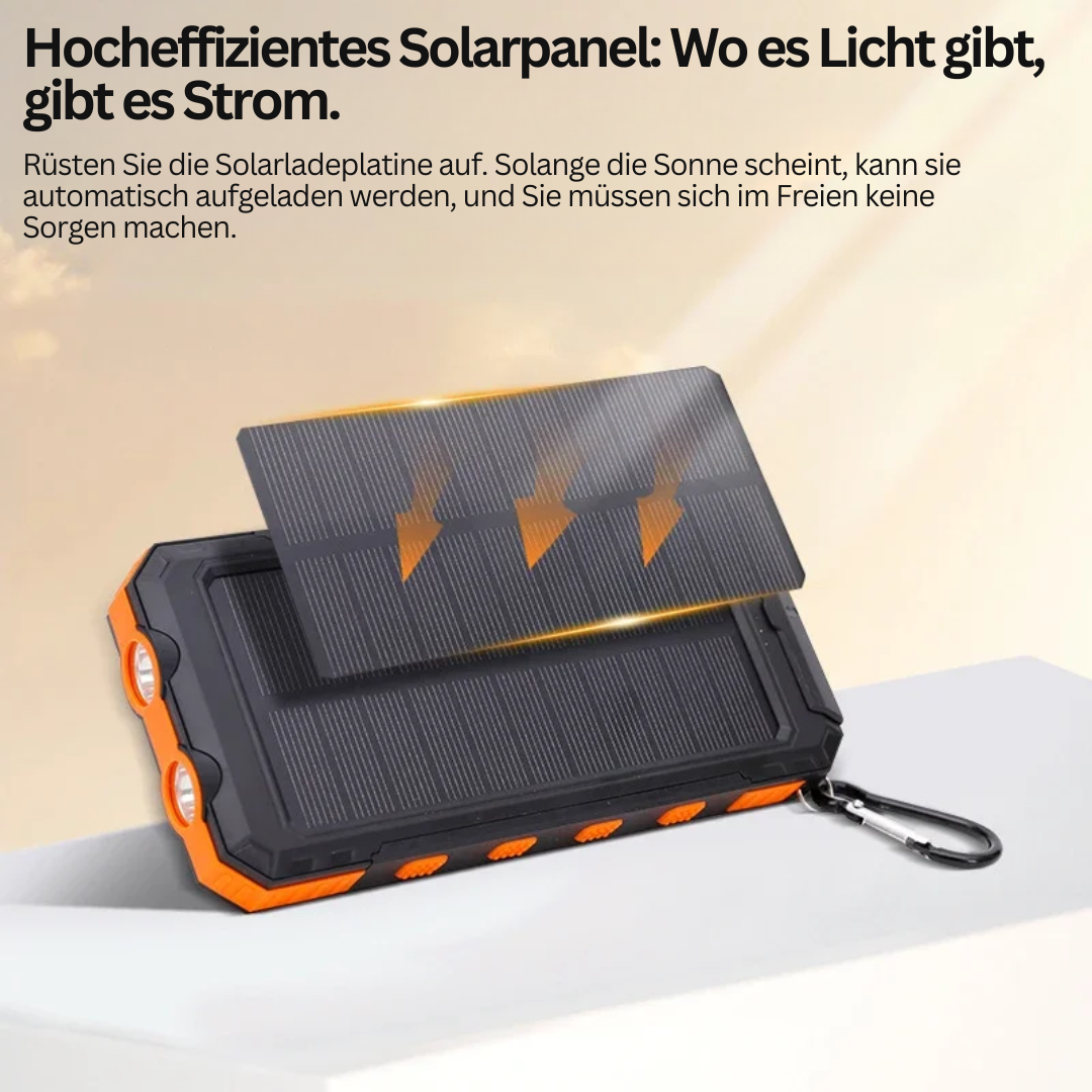 Kraftig powerbank med solcellepanel. Trygg lading og lommelykt funksjon for reise og nødsituasjoner.