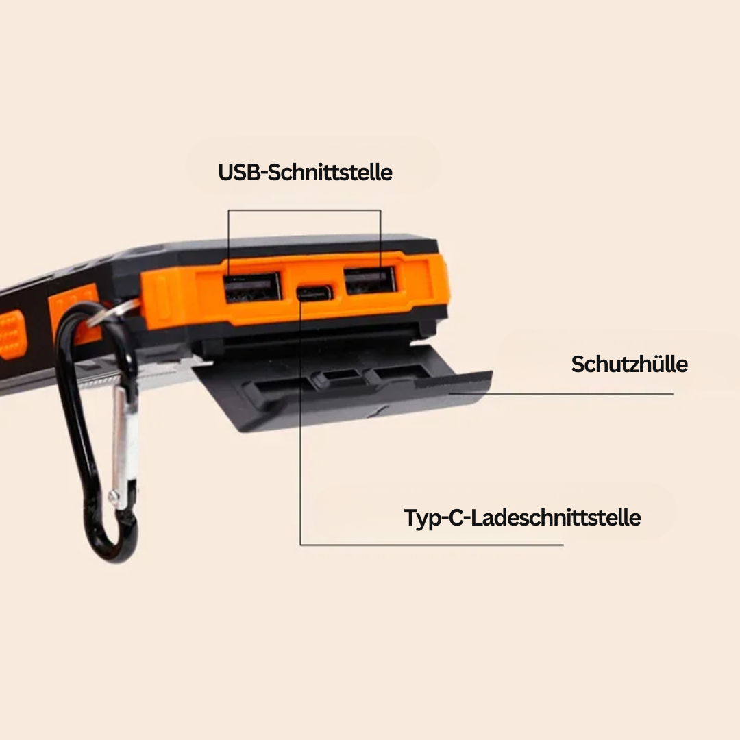 Praktisk lader med solcelle, lommelykt og stor batterikapasitet. Bærbar powerbank for mobil og mer.
