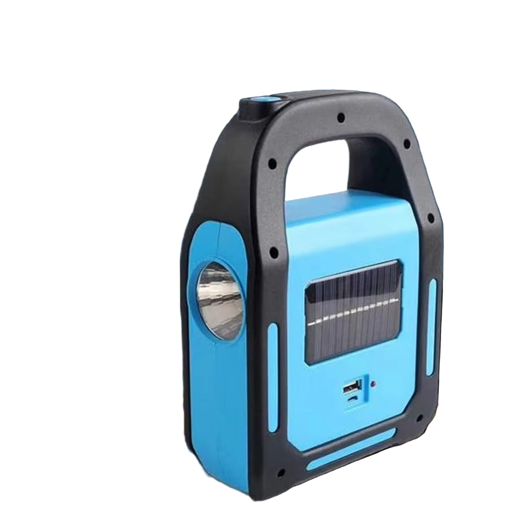 Bærbar LED-campinglanterne med solcelledrift og USB-lading. Fungerer som utendørslys og powerbank.