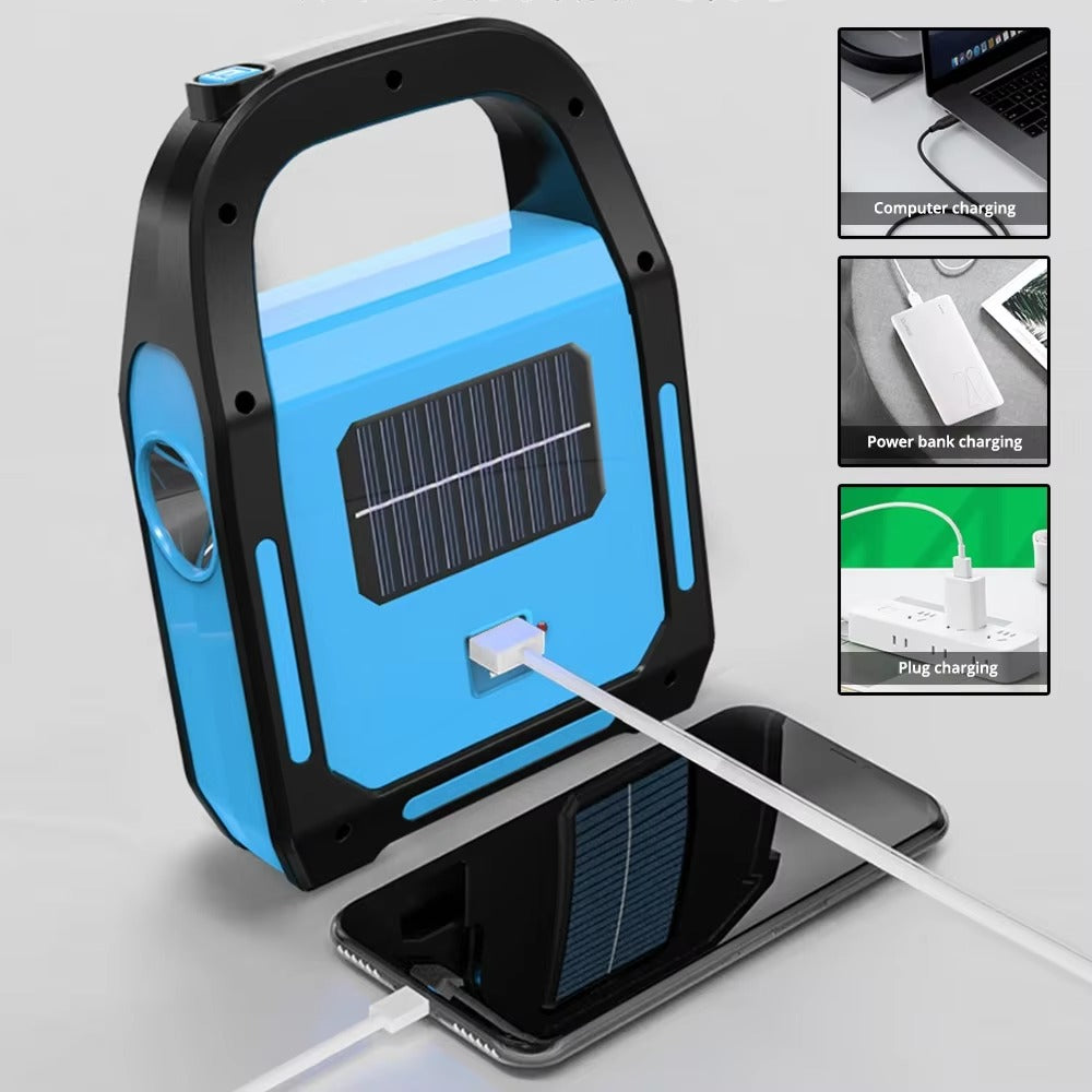 Kompakt LED-campinglanterne med solcelledrift. Bærbar, vanntett og inkluderer USB-powerbank.