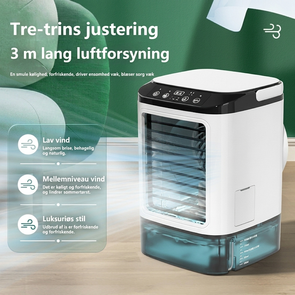 Liten og hendig luftkjøler med fuktgivende vanntåke for optimal hjemmekjøling og komfort på hete dager.