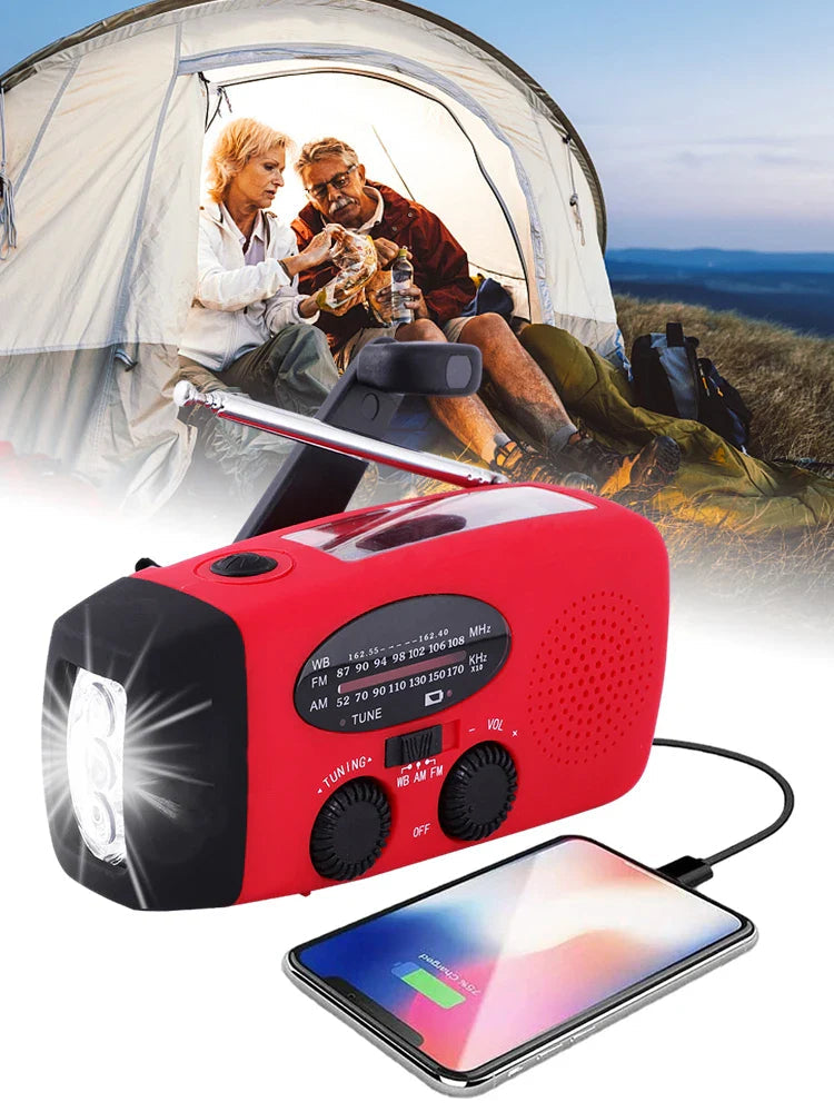 Multifunksjonell nødradio med powerbank for lading av mobil, LED-lommelykt, AM/FM radio. For beredskap.