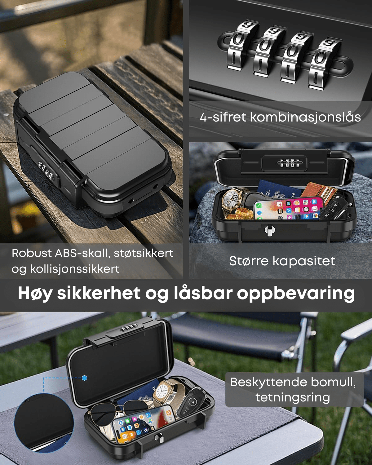 Utendørs minisafe for eventyr. Hold nøkler, kort og kontanter trygge mens du bader eller utforsker naturen.