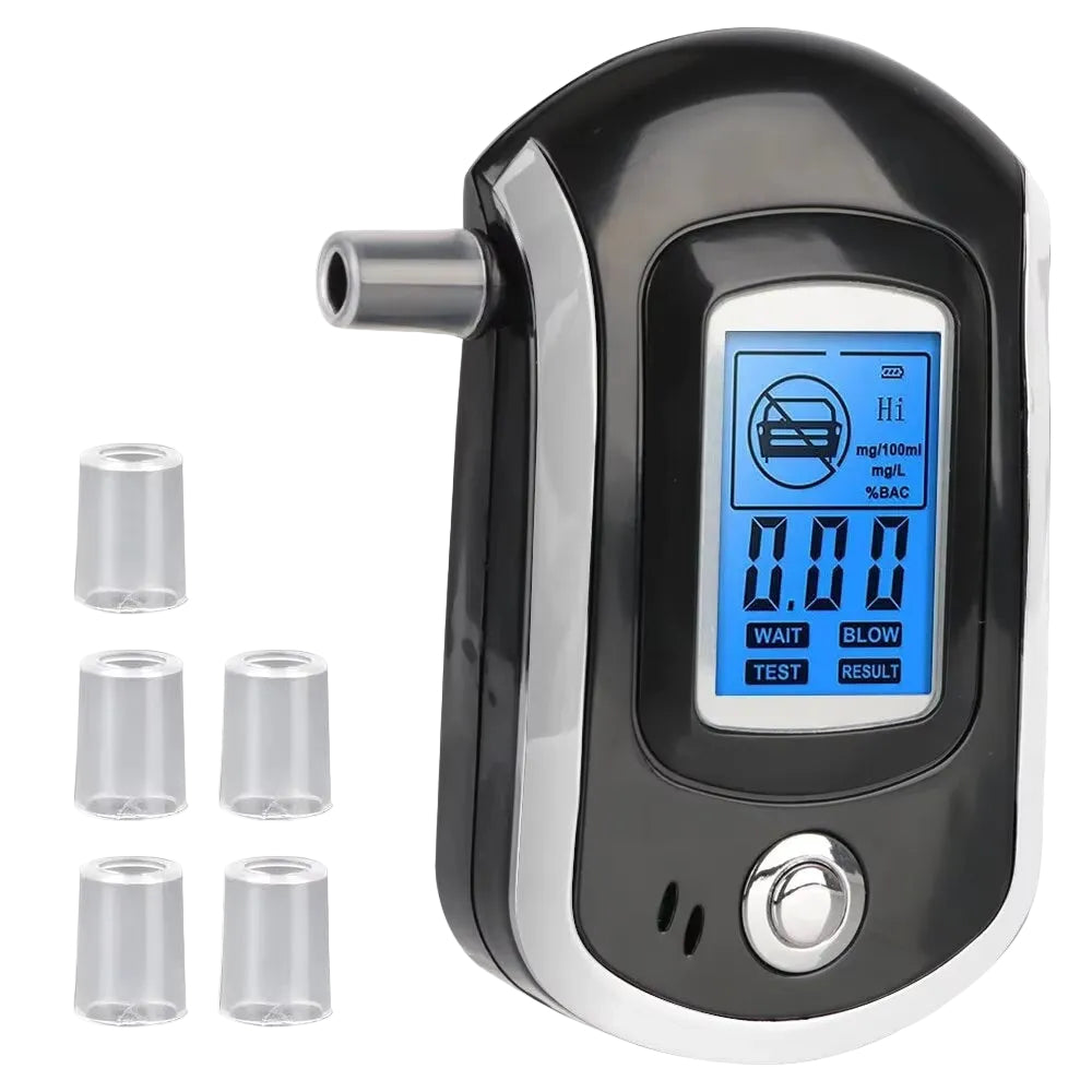 Bærbart digitalt alkometer med LCD-skjerm for rask og nøyaktig måling av alkohol. Kompakt for trygg kjøring.