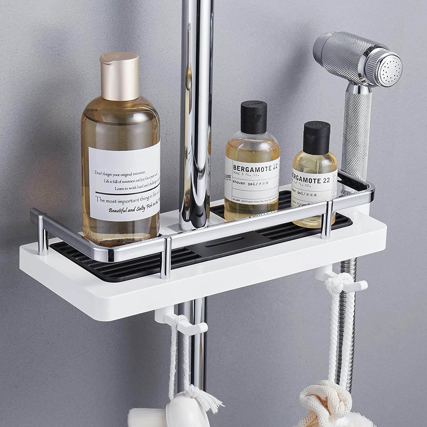 Baderomsdusjhylle-organisator, DIY, svart, borefri for plassbesparende oppbevaring