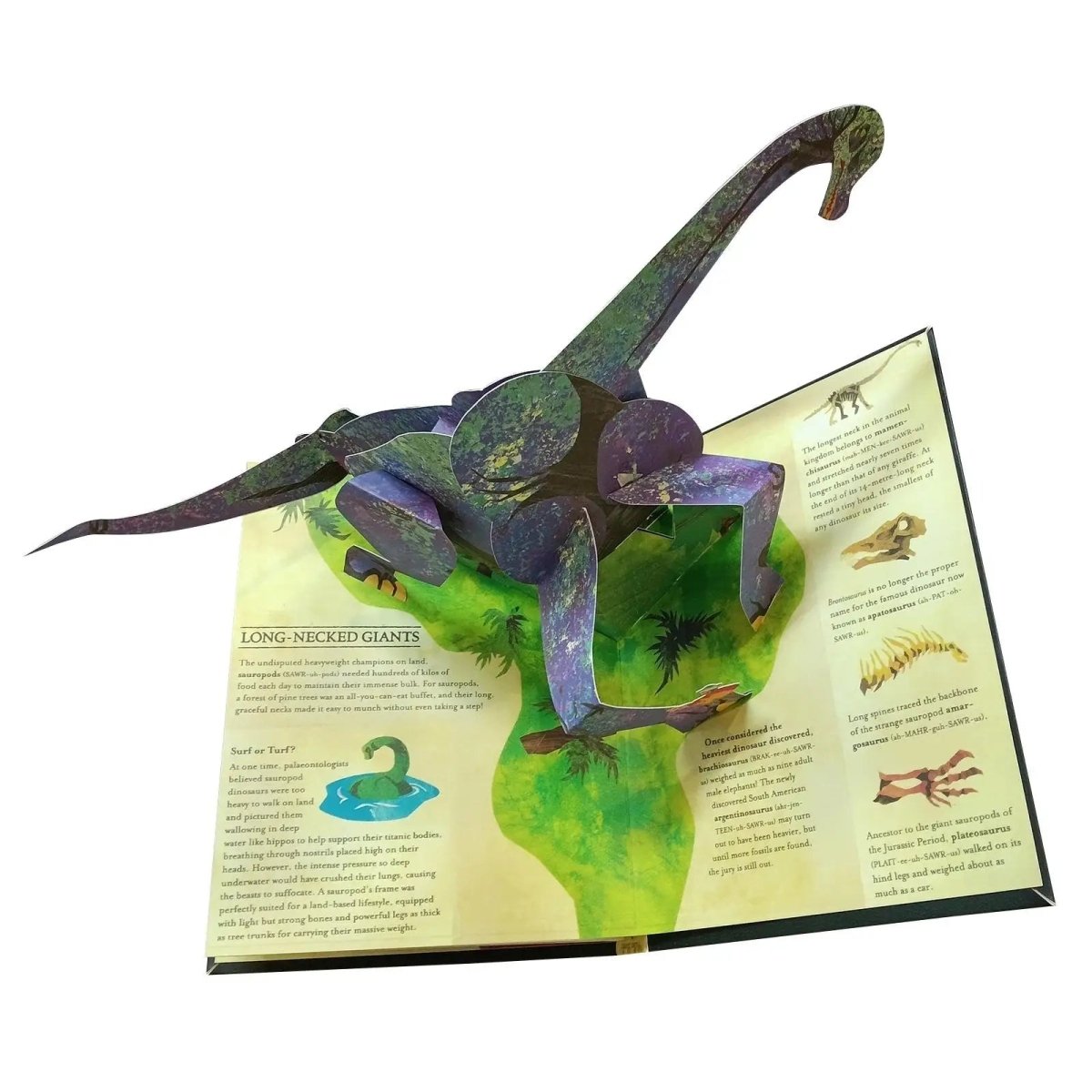 Barn leker med interaktiv 3D dinosaurbok; lærer om Tyrannosaurus Rex og Triceratops.