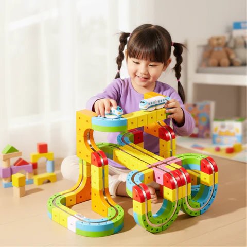 Komplett 3D jernbanesett for barn, med oppladbart tog og elementer for kreative baner.