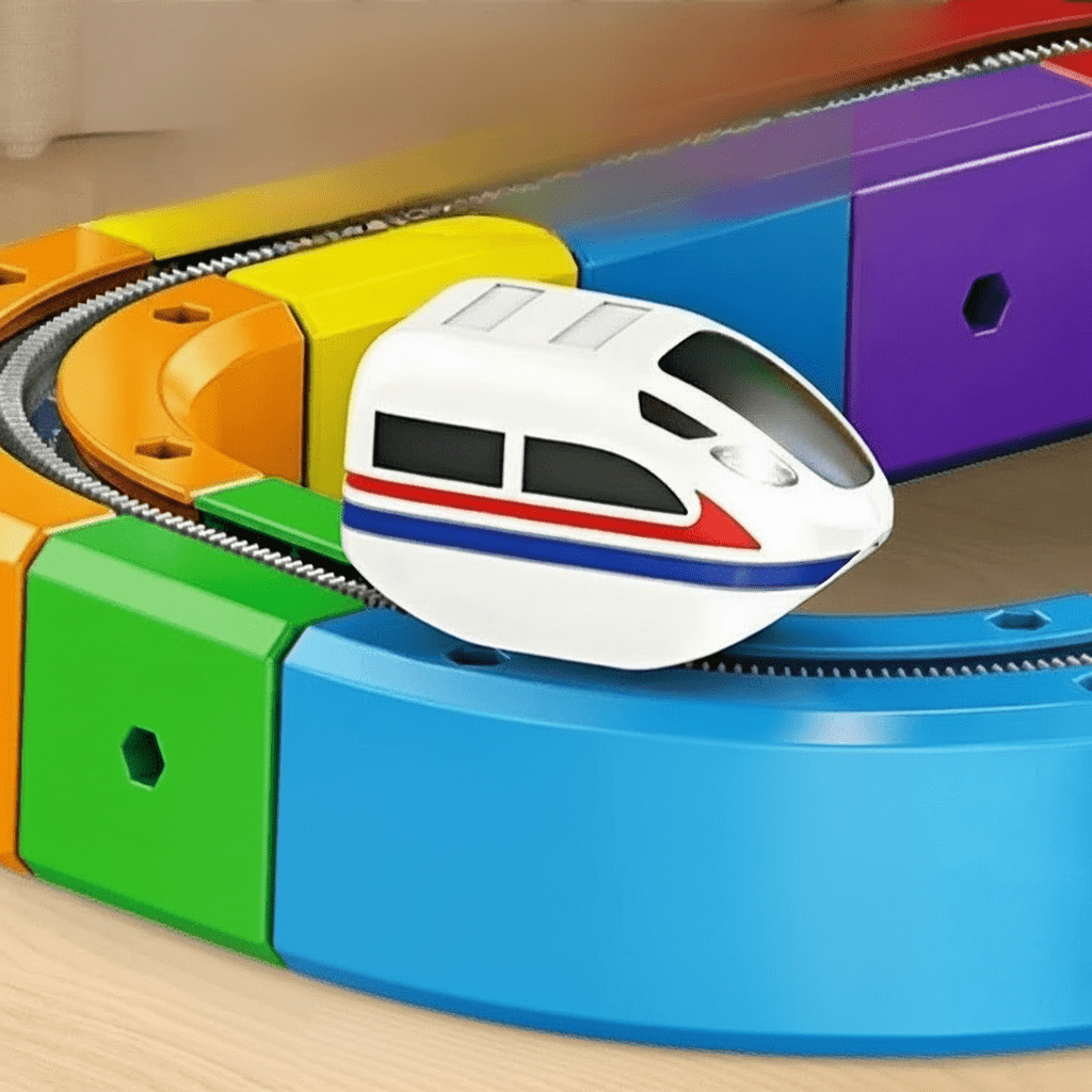 3D jernbane lekesett for barn med et oppladbart tog, byggeklosser og skinner for endeløse eventyr.