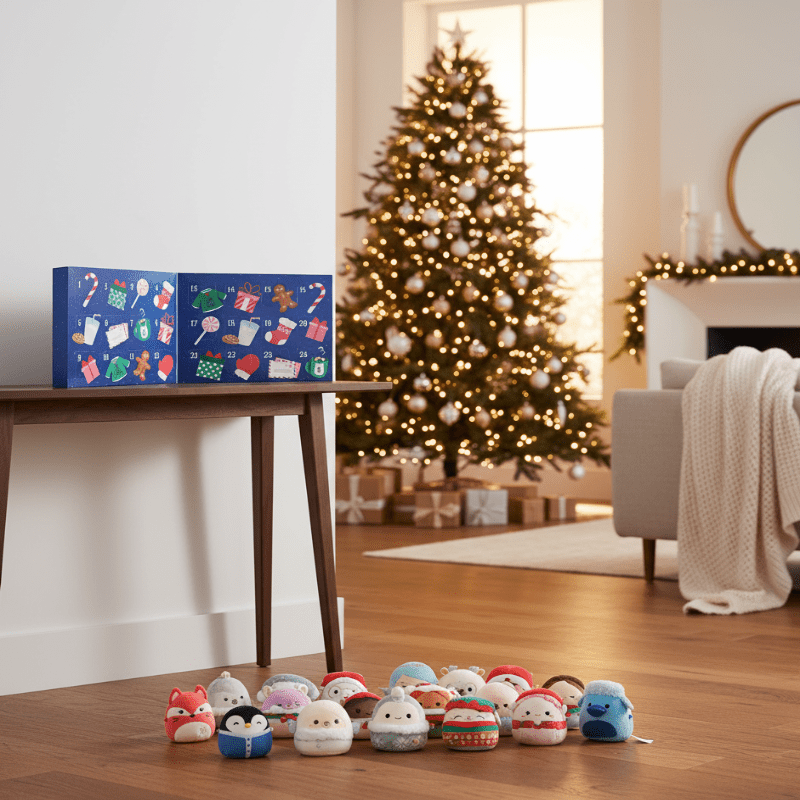 Søte Mikromallow figurer i en julekalender for barn, perfekt for førjulstiden.