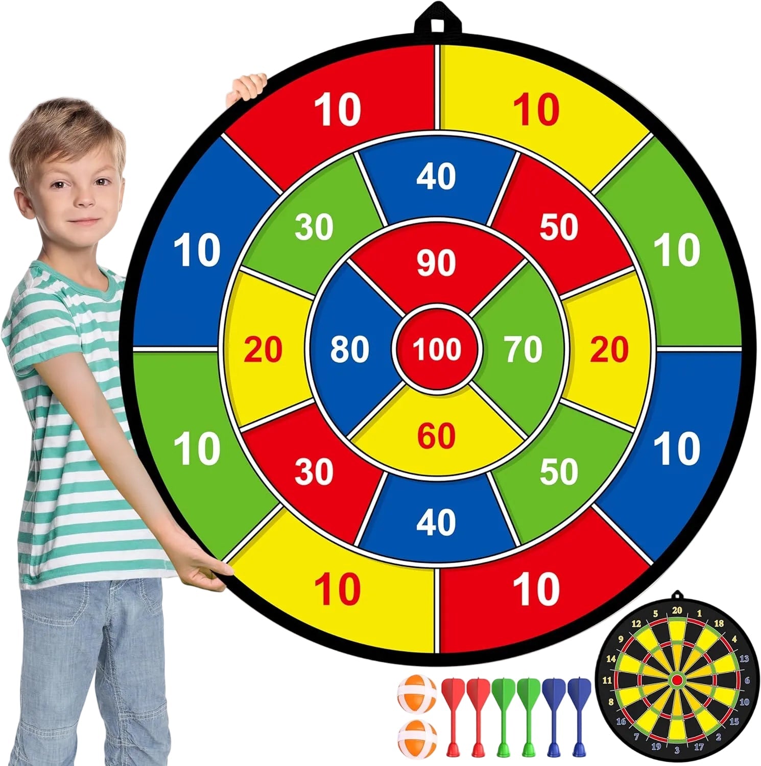 Barnas dobbeltsidige dartskive med fargerike limballer for sikker og morsom lek. Perfekt innendørs/utendørs aktivitet.