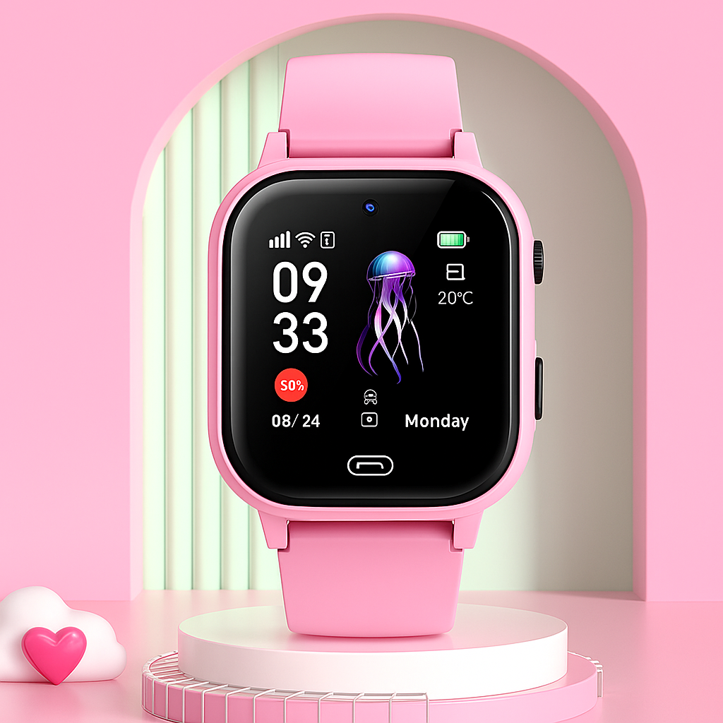 Flott gave! Barnas GPS smartklokke i rosa, med kamera, vanntett og alle sikkerhetsfunksjoner.