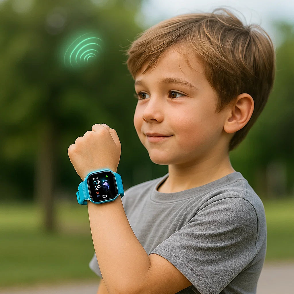 Trygg barnas smartklokke med GPS-sporing, kamera, vanntett og tilgjengelig i flere farger som blå.