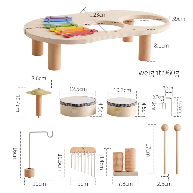 Pedagogisk musikkbord for barn. Inkluderer trommer og xylofon for tidlig musikalsk utvikling.