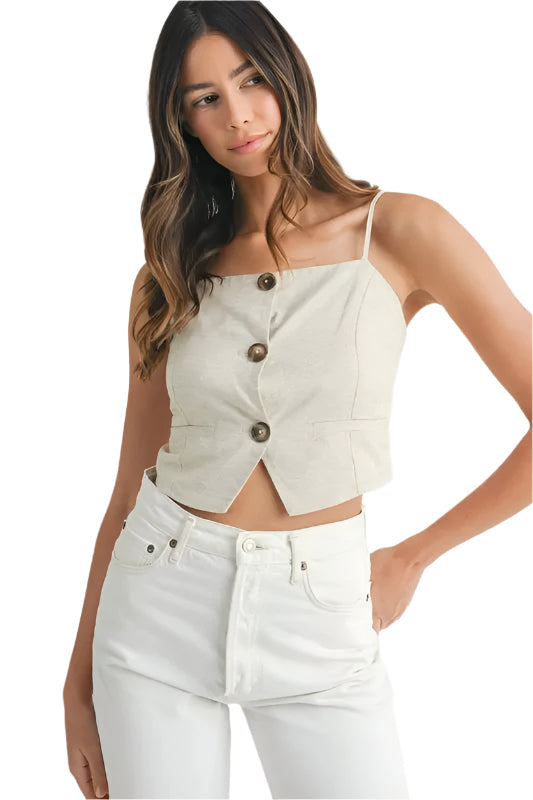 Beige dame tank topp med knapper. Kort, sommerlig og komfortabel knappetopp for hverdagsmote.