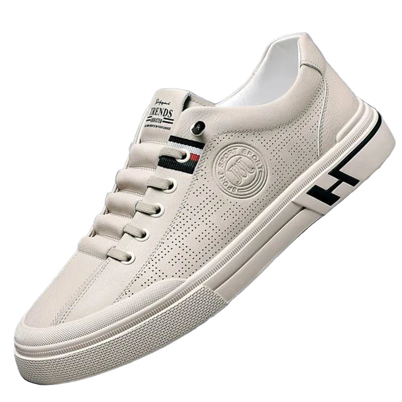 Beige og hvite herresko for fritid med innovativ demping. Komfortable casual lærsko.