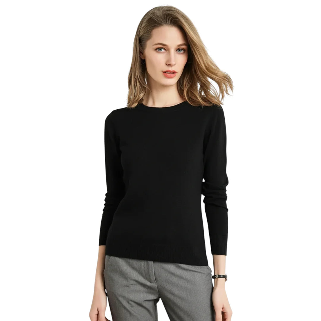 Damen O-Hals Strickpullover in elegantem Schwarz, langarm, alltagstauglich