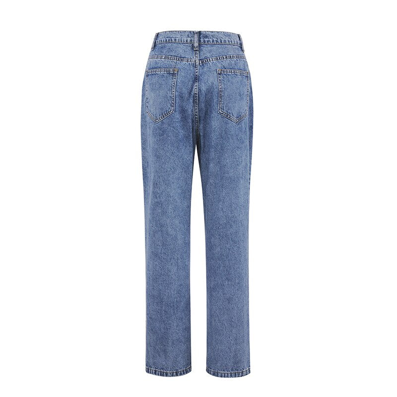 Stilige blå damejeans med broderte tusenfryd, perfekt for sommeren, høy midje og rett passform.