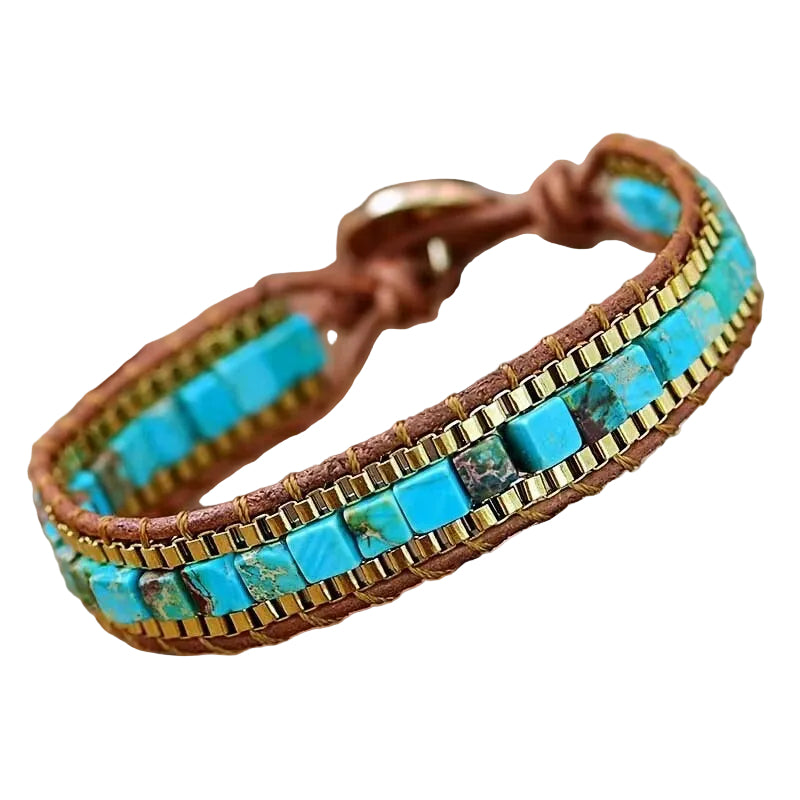 Blågrønt boho armbånd for kvinner med naturlige steiner, perfekt for unik stil og harmoni, et stilfullt smykke.