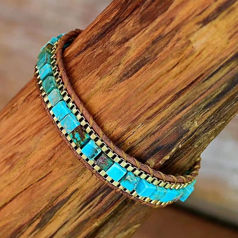 Nydelig blågrønt boho smykke for kvinner, håndlaget armbånd med unike naturlige steiner, supert gavetips.