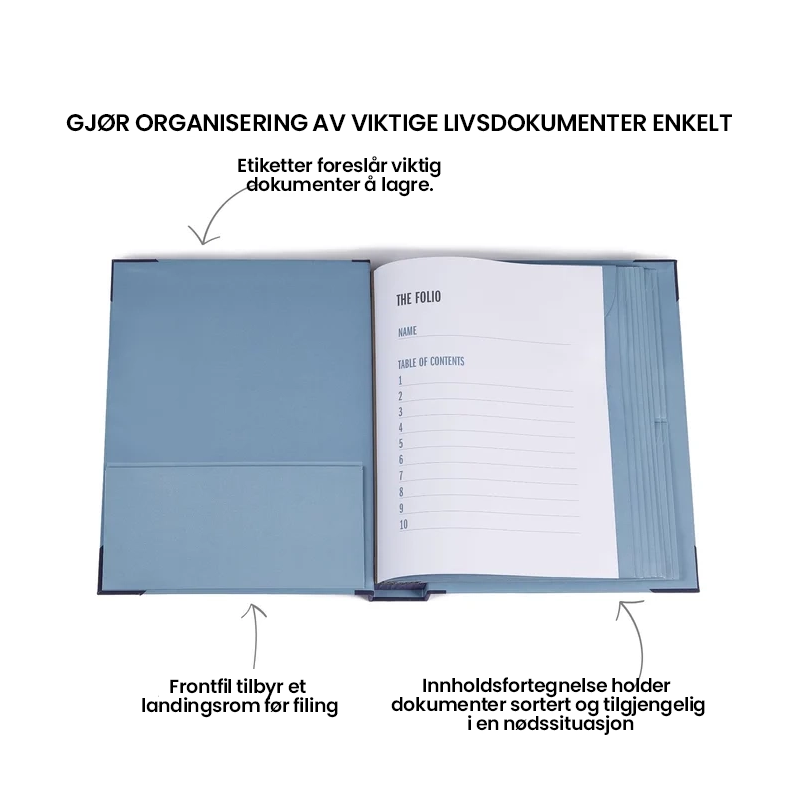 Blå arkiveringsperm, ideell for viktige dokumenter og kriseplanlegging hjemme.